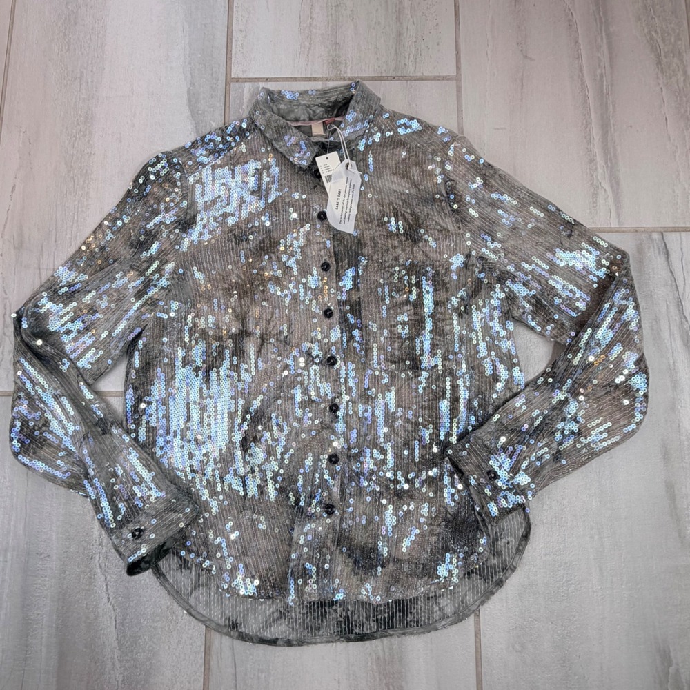 Pilcro Anthropologie Grey Tie Dye Iridescent Sequin Button Down Shirt Small NWT